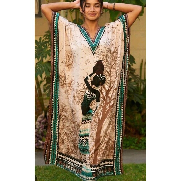 Lapogee Goddess Long Maxi Kaftan Dress Women's One Size Brown Green Pink - Picture 5 of 7